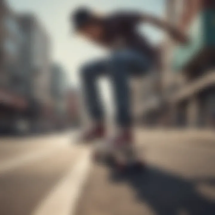 A skateboarder showcasing unique skate sneakers in an urban setting