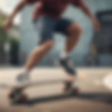 A skateboarder showcasing athletic shorts while performing a trick.