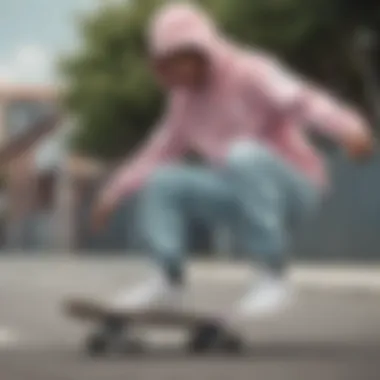 Skateboarder wearing Adidas pastel hoodie in action