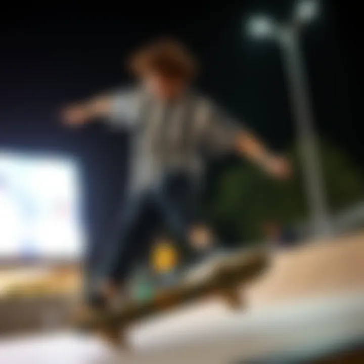 Skateboarding in Style: The adidas Stripe T-Shirt in Action A skateboarder wearing an adidas stripe t-shirt performing a trick on a skateboard.