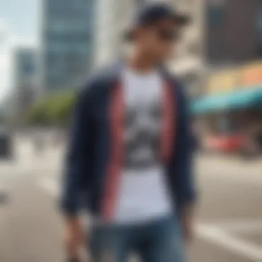 Stylish individual showcasing a unique shirt in an urban environment