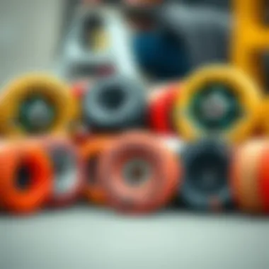 A variety of skateboard wheels showcasing size and material differences