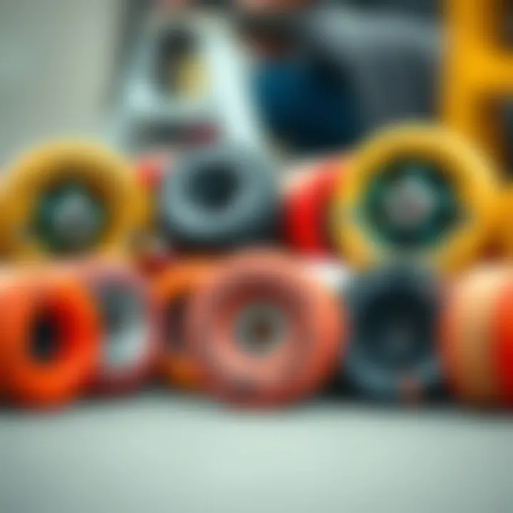 A variety of skateboard wheels showcasing size and material differences