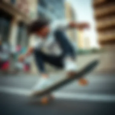Urban Expression on Board Skateboarder wearing all white Vans performing a trick in an urban environment.
