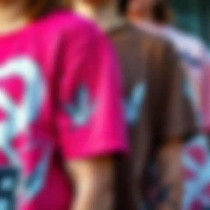 Close-up of unique graphic designs on brown and pink tees, highlighting artistic elements.