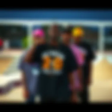 A montage showcasing various graphic tees within a skate park setting.