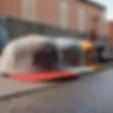 A stylish collection of snap back hats displayed on a skateboarding ramp