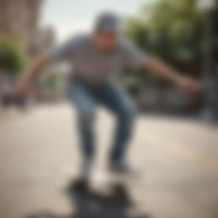 Skateboarder performing a trick while wearing gray Fila shoes