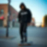 A streetwear model showcasing Supreme apparel in an urban skate environment.