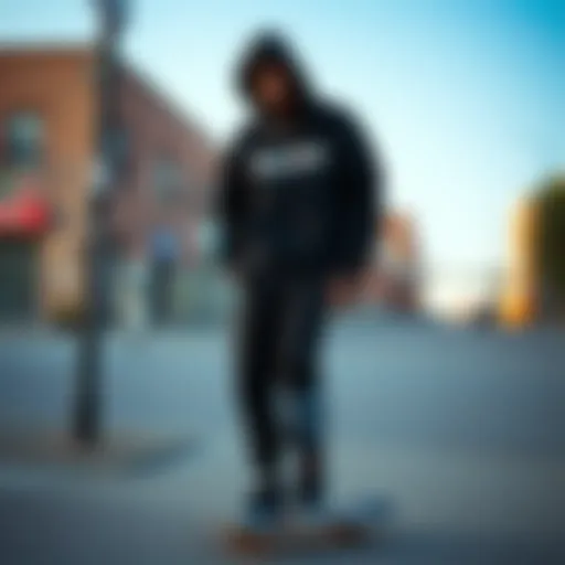 A streetwear model showcasing Supreme apparel in an urban skate environment.