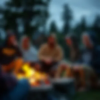 Group of friends gathered around a campfire wearing Baja hoodie ponchos
