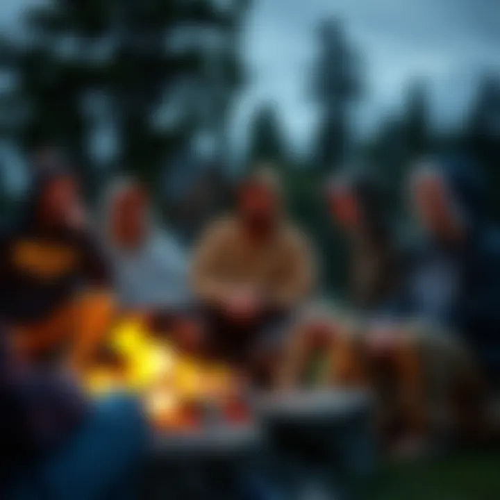 Group of friends gathered around a campfire wearing Baja hoodie ponchos
