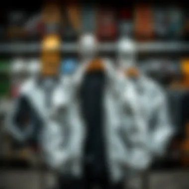 Variety of Styles for Every Skater Different styles of black and white jackets displayed against a backdrop of skateboards