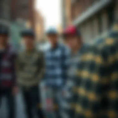 Group of skateboarders styled in Brixton flannel jackets