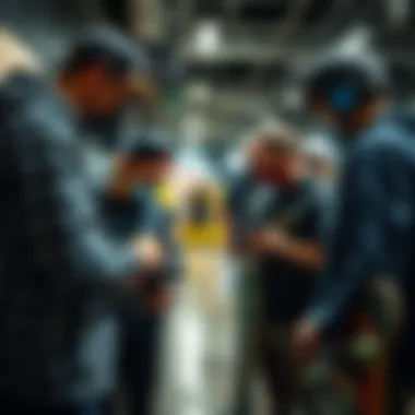 Enthusiasts Evaluating Gear during Closeout Skateboarding enthusiasts examining discounted gear