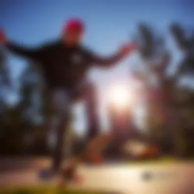 Skateboarder Thriving with Closeout Gear A skateboarder enjoying a ride with new gear from a closeout sale