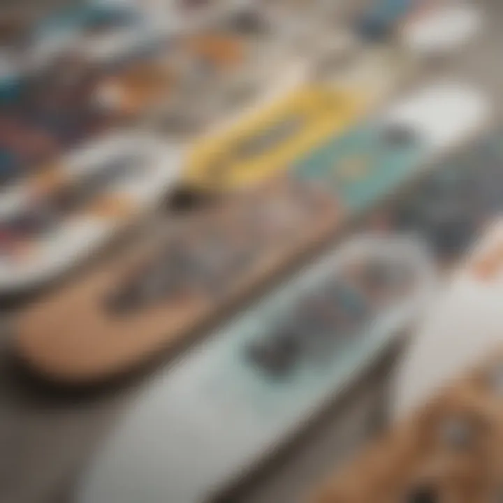 Artistic representation of various custom designs on blank skateboards.