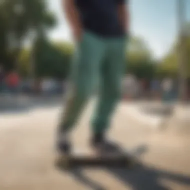 Champion loose sweatpants in a vibrant skate park setting