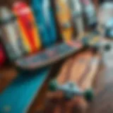 Different types of skateboards displayed on a wooden surface