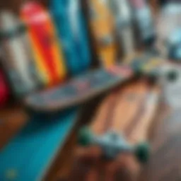 Different types of skateboards displayed on a wooden surface
