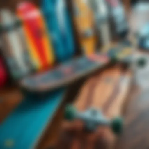 Different types of skateboards displayed on a wooden surface