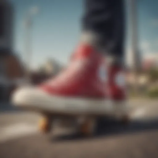 Chuck Taylor leather high tops on a skateboard