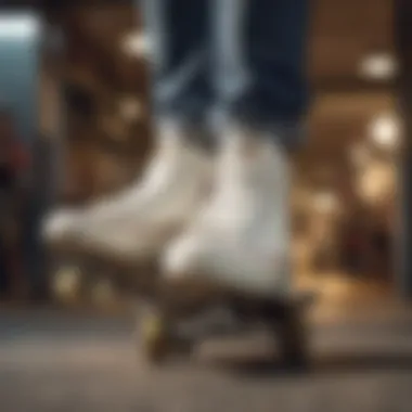 Elevating Skate Style with Chuck Taylor Sneakers Stylish arrangement of Chuck Taylor white leather sneakers with skateboarding gear