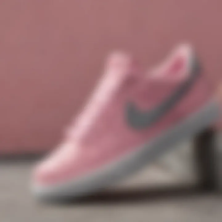 Close-up of pink and gray Nike shoe design detailing