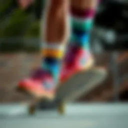 Close-up of colorful Nike socks worn during a skateboarding trick