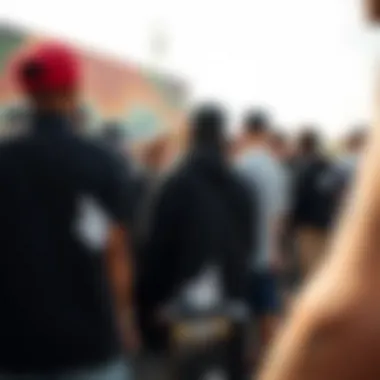 Community Sentiments Through Stickers A group of skateboarders gathered, featuring middle finger stickers on their gear.