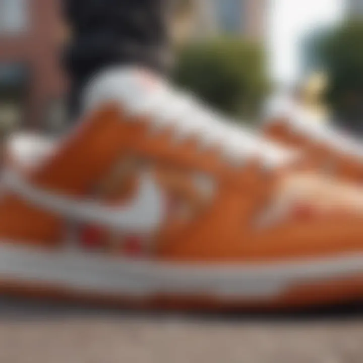 Close-up view of the SB Dunk Low showcasing unique design elements