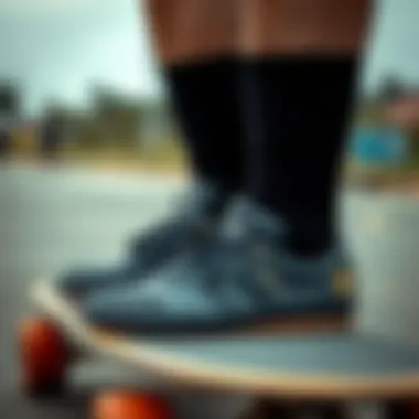 Stylish Combination of Black Adidas Socks and Skate Shoes Black Adidas socks paired with skate shoes on a skateboard