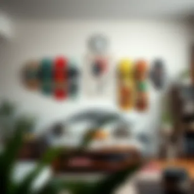 Stylish Room Decor with Skateboard Mounts A well-decorated room with skateboard wall mounts enhancing the aesthetic.