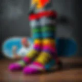 Colorful Tune Squad socks displayed against a skateboard backdrop