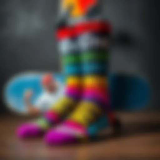 Colorful Tune Squad socks displayed against a skateboard backdrop