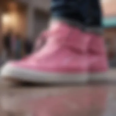 Close-up of pink high tops showcasing unique design elements