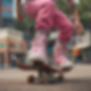 Skateboarder performing a trick wearing pink high tops