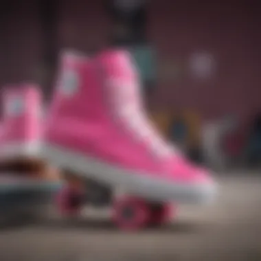 Vibrant pink high tops on a skateboard deck