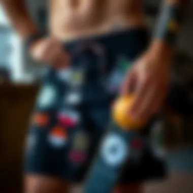 Personalizing Hurley Black Boardshorts A skateboarder customizing Hurley black boardshorts with stickers and patches.