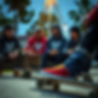 Group of skateboarders discussing their favorite DC shoes