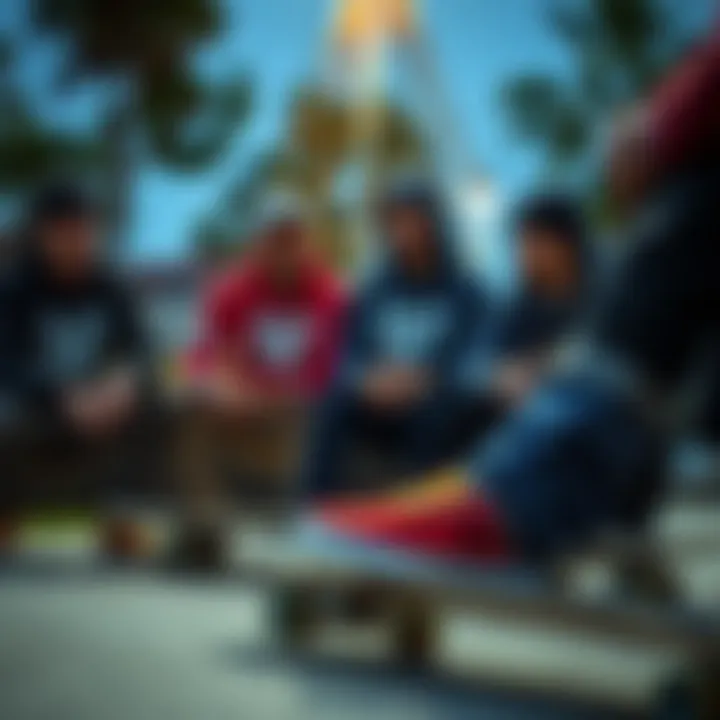 Group of skateboarders discussing their favorite DC shoes