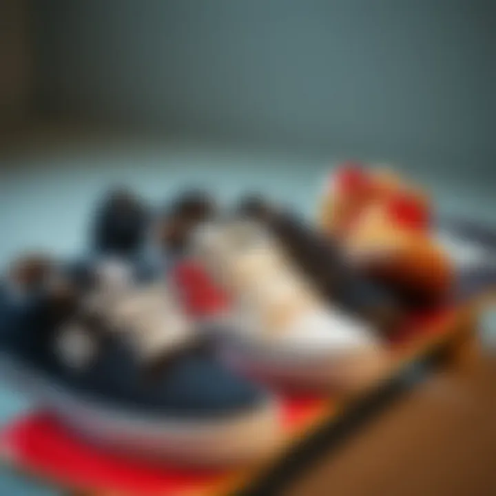 Variety of DC shoes displayed on a skateboard