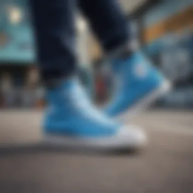 A close-up shot showcasing the unique design elements of blue high tops.