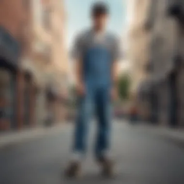 Skateboarder wearing Dickies checkered overalls in urban setting