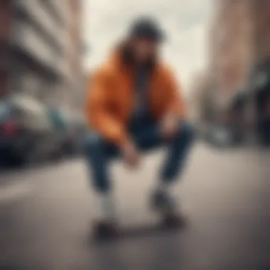 Skateboarder showcasing stylish outerwear in an urban setting