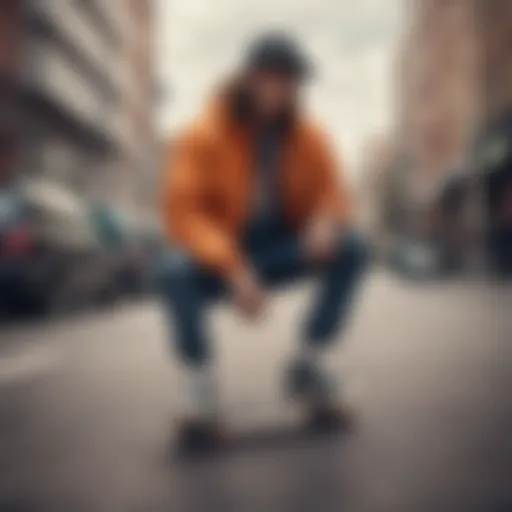 Skateboarder showcasing stylish outerwear in an urban setting