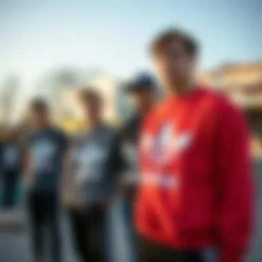 A group of friends wearing the sweatshirt at a skate park