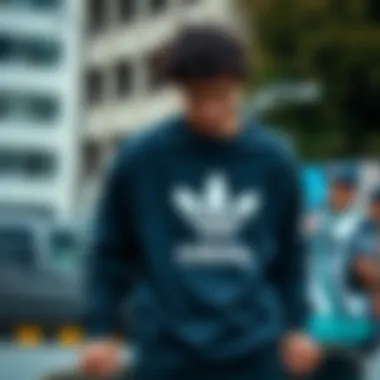 Skateboarder wearing the sweatshirt in an urban setting