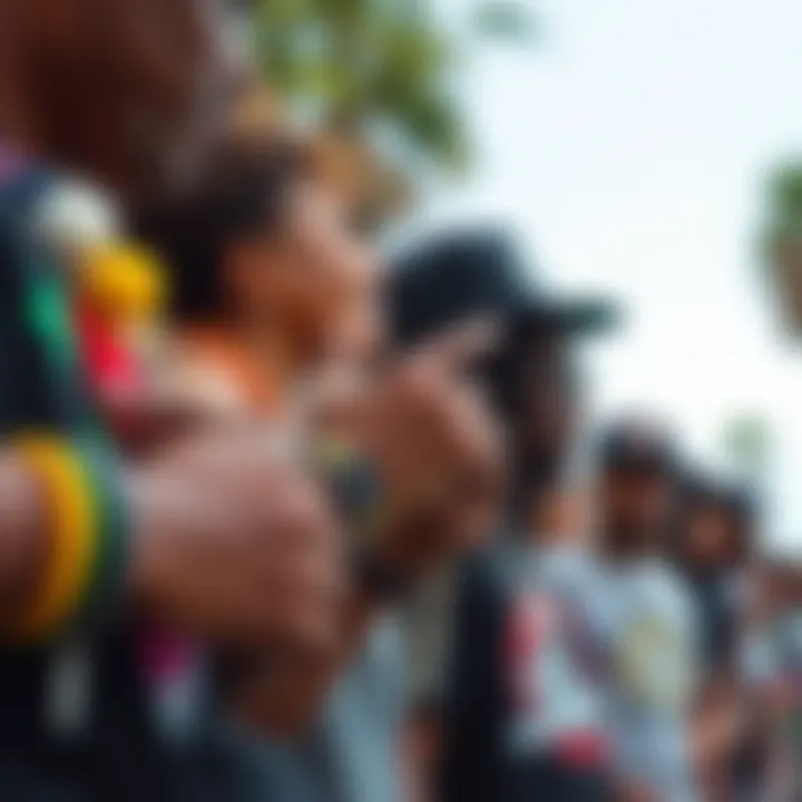 A group of diverse individuals wearing Rastaclat bracelets, highlighting its role in self-expression and community.