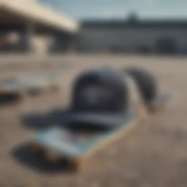 Trendy trucker hats laid out with skateboard gear on a concrete surface.